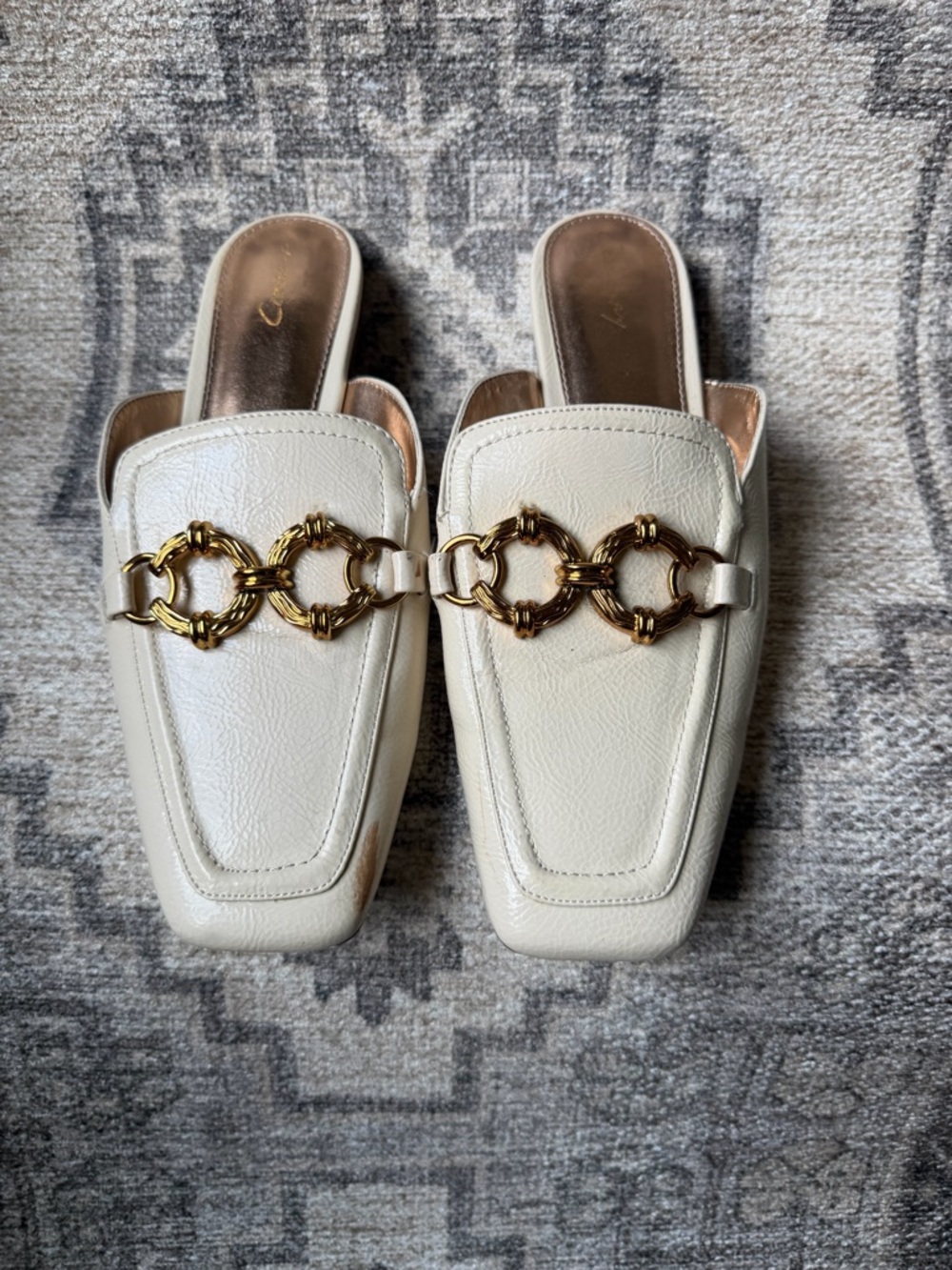 Circus by Sam Edelman Ivory Leather Mule Slides with Gold Chain Detail